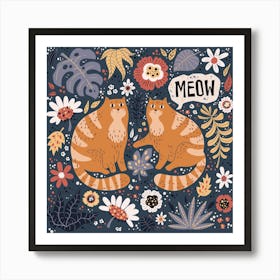 Cute Cats With Plants And Flowers Art Print