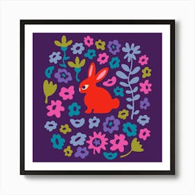 BUNNY RABBIT Cute Animal and Flowers in Sweet Brights Red Purple Pink Blue Green Kids Art Print