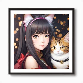 Kawaii anime portrait Hina with cat Art Print