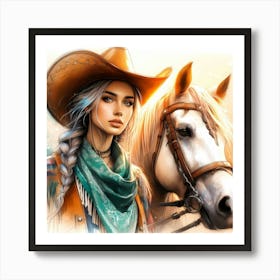 Cowgirl Beauty With Hat And Scarf By A Horse Color Drawing 1 Art Print