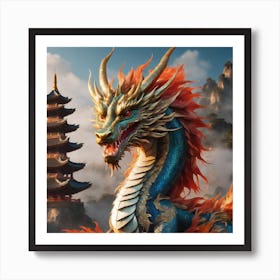 Dragon In Front Of Pagoda Art Print