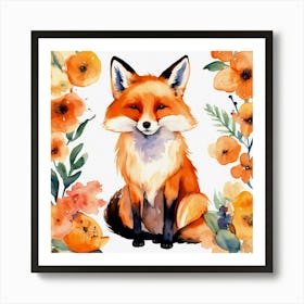 Orange Cute Watercolor Fox (1) Art Print