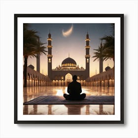 Muslim Man Praying In Front Of Mosque Art Print