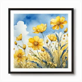 Yellow Cosmos Watercolor Painting Art Print