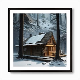 Small wooden hut inside a dense forest of pine trees with falling snow 13 Art Print