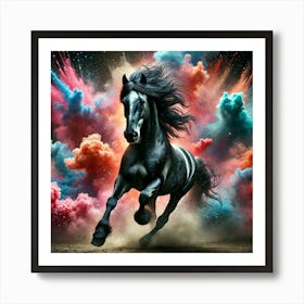 Black Horse Running Through Colorful Clouds Póster