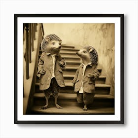 Two Hedgehogs On The Stairs - Friends - Cute - Vintage Art Print