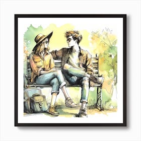Couple Sitting On A Bench Art Print