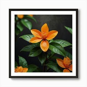 Orange Flowers On A Black Background Art Print