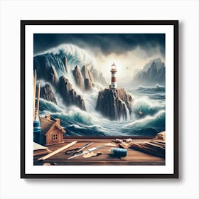 Lighthouse In The Storm Art Print