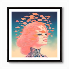 Risograph Style Surreal Woman & Fish, Candy Colours Art Print