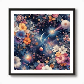 Flowers And Stars Wallpaper Art Print