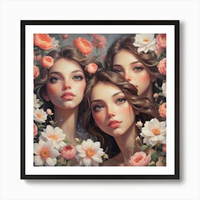 Three Girls With Roses Art Print