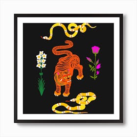 Tiger And Snakes Flowers Square Art Print