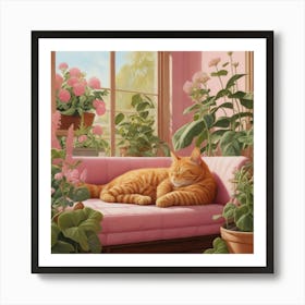 Default Napping Ginger Cat In Pink Garden Room Art 1 Art Print