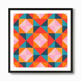 GEOMETRIC SQUARE CHECKERBOARD TILES in Southwestern Desert Colours Coral Orange Blush Pink Teal Blue Art Print