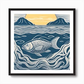 Linocut Fish In The Sea 4 Art Print