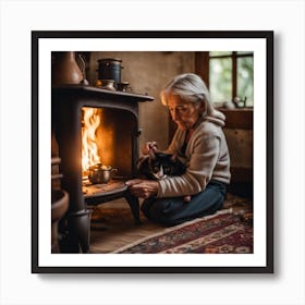 Old Woman With Cat By The Fire Art Print