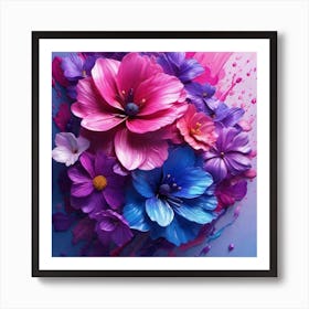 Flowers On A Blue Background 3 Art Print