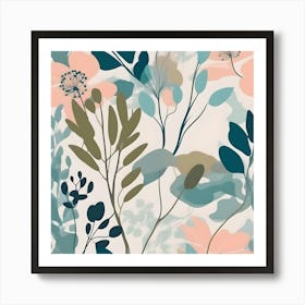 Silhouette of Botanical Illustration, Turquoise, Green and Peach Art Print