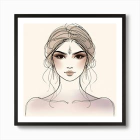 Beauty Line Portrait Drawing With Some Pastel Colors Art Print