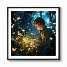 A Serene Garden Filled With Bioluminescent Plants And Trees Where Softly Glowing Robotic Butterflies Art Print