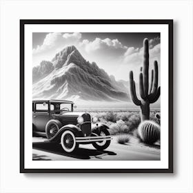 Vintage Car: A Realistic and Detailed Black and White Photograph of a Vintage Car in the Desert Art Print