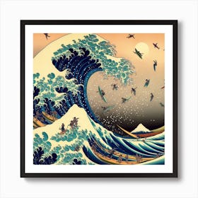Inspired by Hokusai: The Great Wave's Embrace - Surfers Dancing with Eternity 1 Art Print
