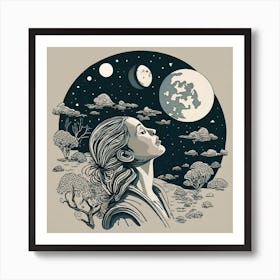 Starry Night, lookin up at moon, line ar, ink art. Art Print