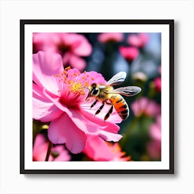 A Close Up Of A Bee Fluttering On A Pink Flower To Suck Its Nectar In A Garden Full Of Flowers Of Va Art Print