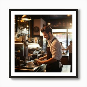 Cafe Interior Early Morning Barista Clad In A Crisp Apron With Visible Badges Of Skill Steam Waft (3) Art Print