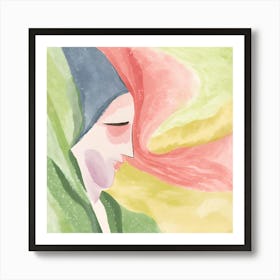 Abstract watercolor painting of a womans face with green and pink hues. Art Print