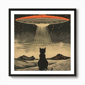 Retro Black Grey and Red Drawing of a Black Cat With Its Back Turned Looking Up at a UFO in the Desert Art Print