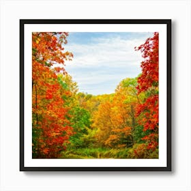 Autumn Frame Embracing Bright Foliage Maple Leaves Transitioning From Green To Vivid Shades Of Oran (6) Art Print