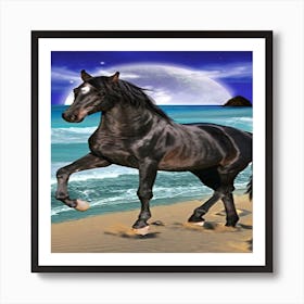 Black Horse On The Beach Art Print