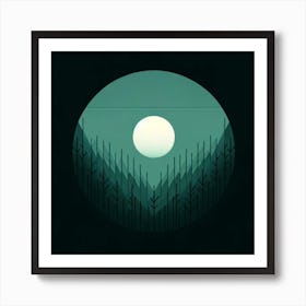 Title: "Verdant Moonlight"  Description: "Verdant Moonlight" captures the serene essence of a night in the forest. A full, luminous moon bathes the scene in a soft glow, highlighting the tops of evergreen trees that stand tall and still. The trees are stylized with geometric precision, creating an organized natural pattern that leads the eye towards the celestial body above. The encompassing darkness of the night sky contrasts with the moon and the muted green hues of the forest, creating a scene that is both mysterious and calming. This piece suggests a moment of quiet solitude, inviting the viewer to contemplate the natural harmony between the moon's glow and the earth's silent watchers. Art Print