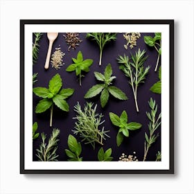 Top View Of Herbs On Black Background 3 Art Print