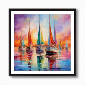 Sailboats At Sunset 8 Art Print