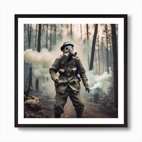 Wwii Soldier In Gas Mask In The Forest Art Print