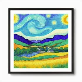 Whispering Meadows: A Village Tale Starry Night Art Print