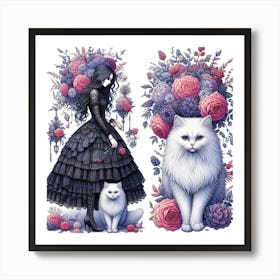 Gothic Girl And Cat Art Print