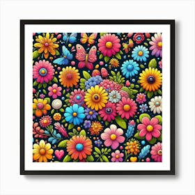 Colorful Flowers And Butterflies Art Print