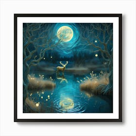 Moonlight In The Forest With Reindeer and A mysterious Lake Art Print