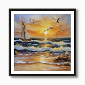 Oil painting design on canvas. Sandy beach rocks. Waves. Sailboat. Seagulls. The sun before sunset.14 Art Print