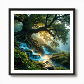 Waterfall Beside A Tree Art Print