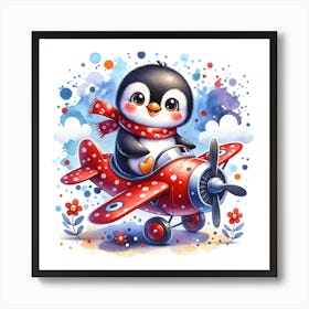 Cheerful penguin with a red scarf is flying a red biplane Art Print