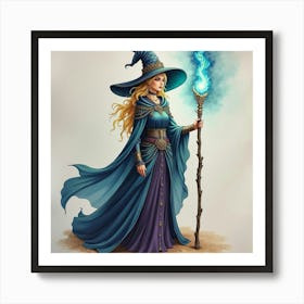 Gorgeous Sorceress With Glowing Staff, Watercolor Detail 1 Art Print