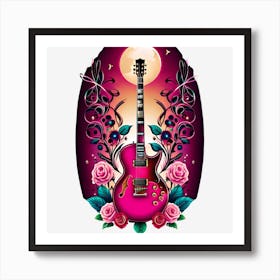 Pink Guitar With Roses Art Print