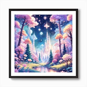 A Fantasy Forest With Twinkling Stars In Pastel Tone Square Composition 43 Art Print