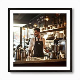 Cafe Interior Early Morning Barista Clad In A Crisp Apron With Visible Badges Of Skill Steam Waft (5) Art Print